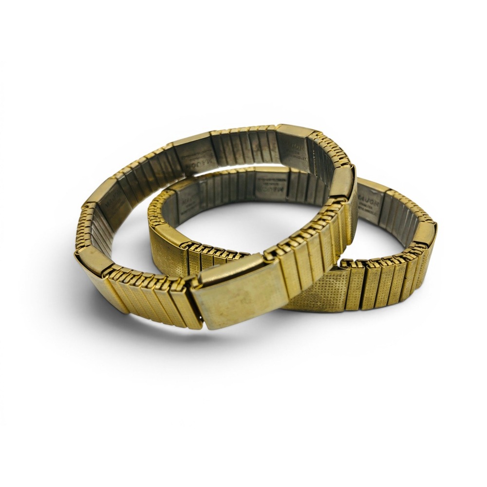 Vintage Major Gold Tone Expansion Stretch Bracelet Set Textured Stainless Back